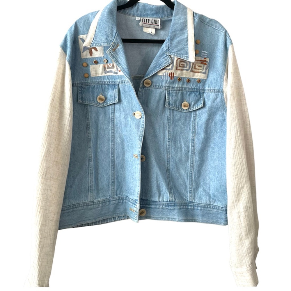 Sold Western Embroidered Denim Jacket Jean Southwest Appliqué Linen Sleeve 16